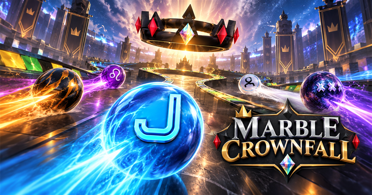 Marble Crownfall promotional artwork: marbles racing toward the Crown.